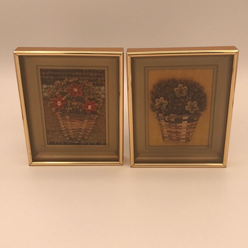 Set of 2 Vintage‎ Framed Handmade Quilled Flowers in Woven Baskets